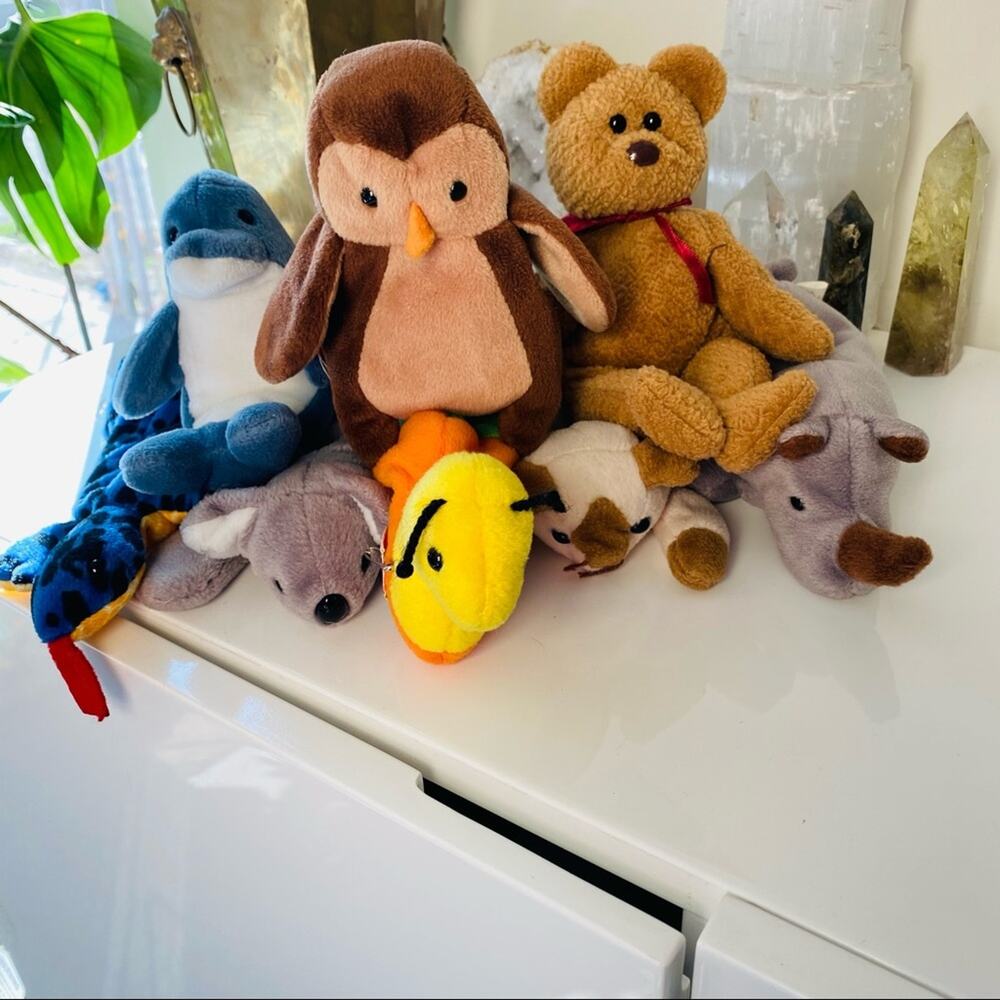 Vintage TY Original 1990s y2k Beanie Babies Bundle Lot Owl Bear Cat Worm Dolphin
